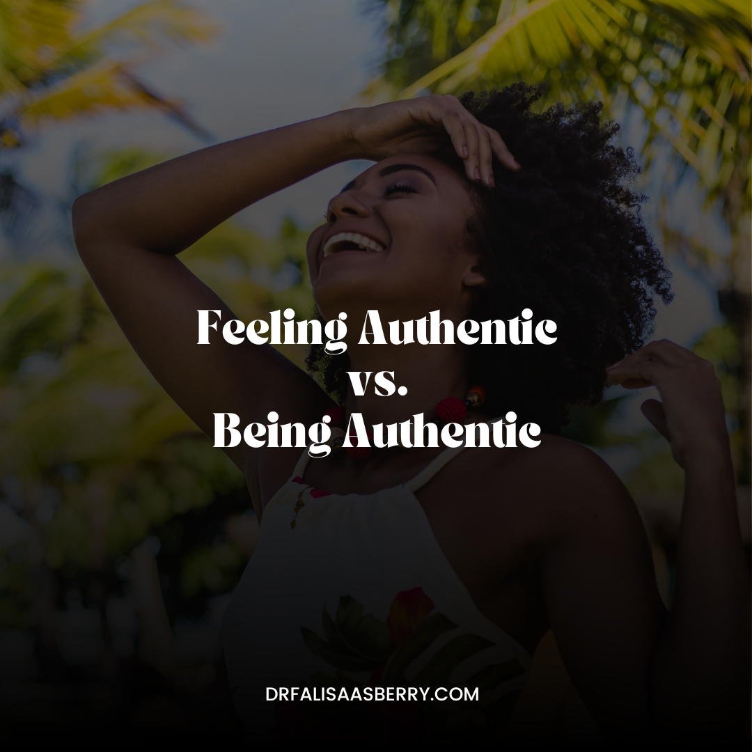 A joyfilled black woman standing beneath palm tress in the sun. the text overlaying the image says being authentic versus feeling authentic