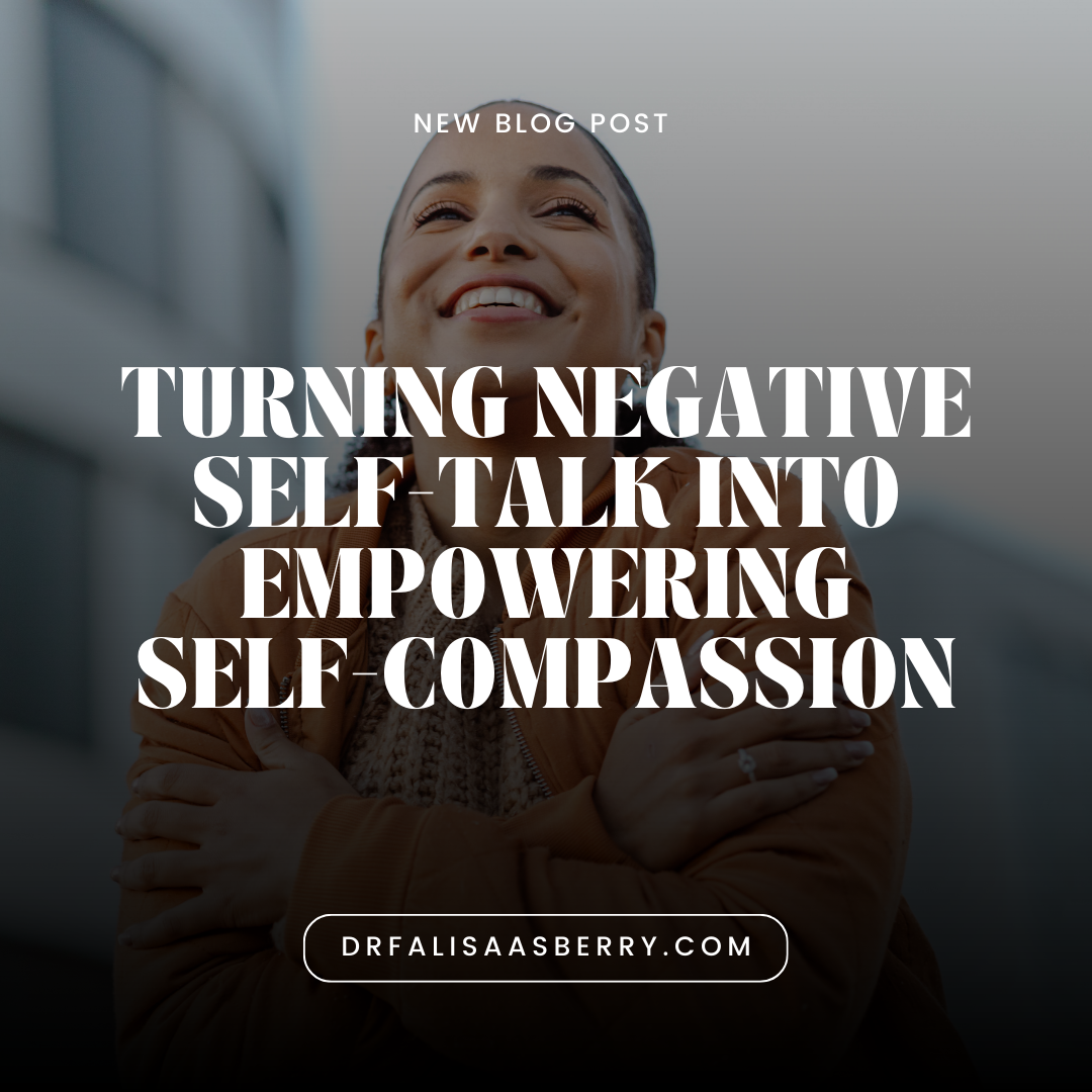 A woman smiling and hugging herself warmly in the setting of a cloud, urban city. In white text overlay it reads "turning negative self talk into empowering self-compassion.